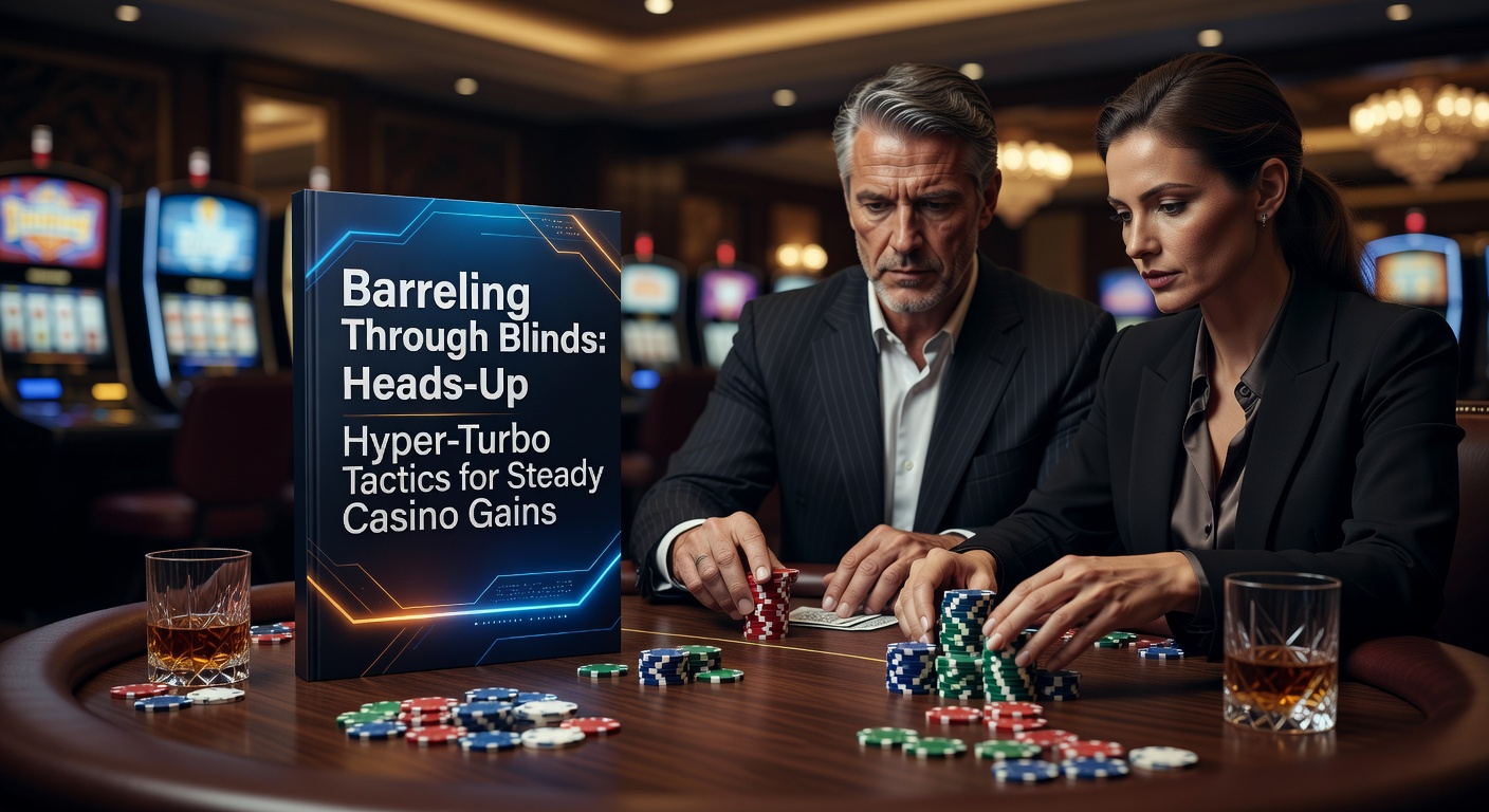 Player intensely focused at a heads-up hyper-turbo poker table, chips stacked high amid fast-paced action