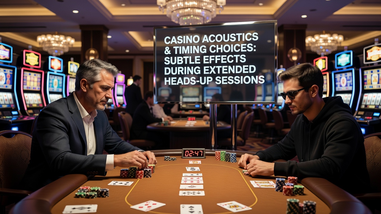 Casino poker table with ambient lighting and surrounding sound elements influencing player focus during heads-up play