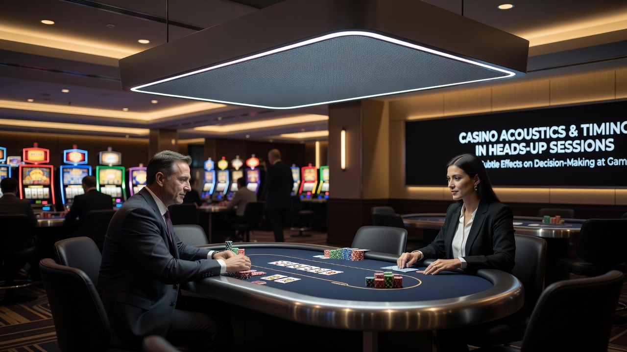 Close-up view of poker chips and cards on felt with subtle background acoustics from casino floor