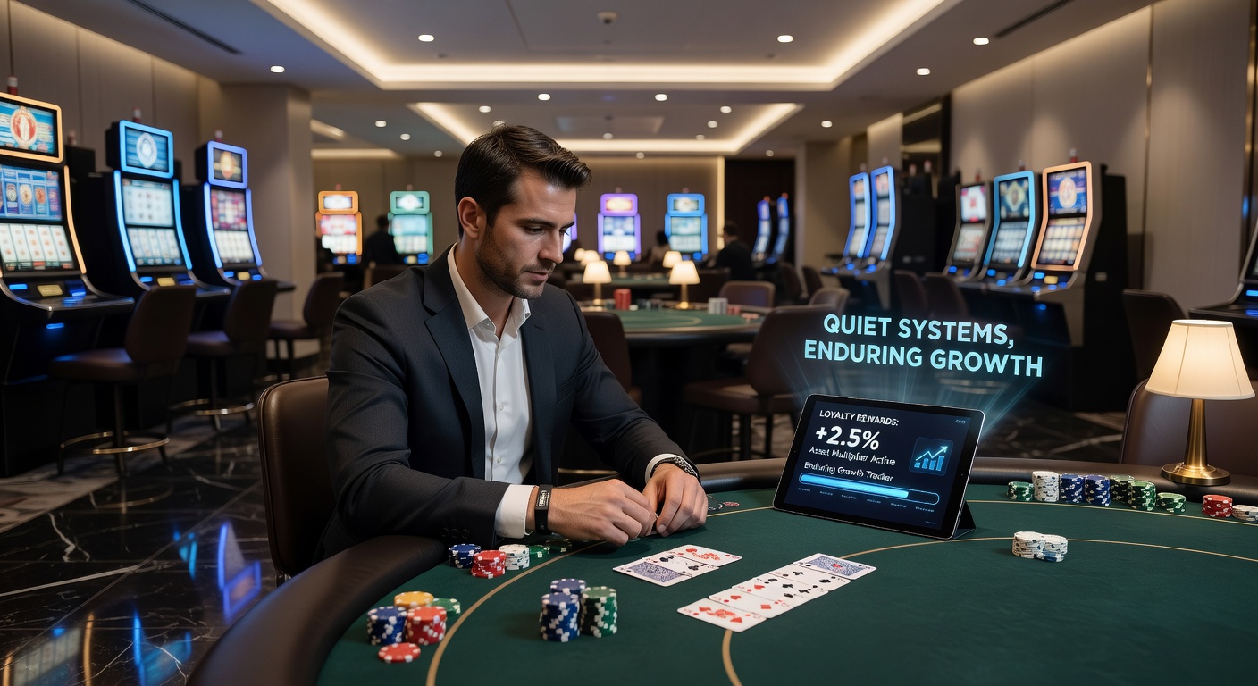 Close-up of a casino loyalty kiosk displaying points balance and available comps near poker tables