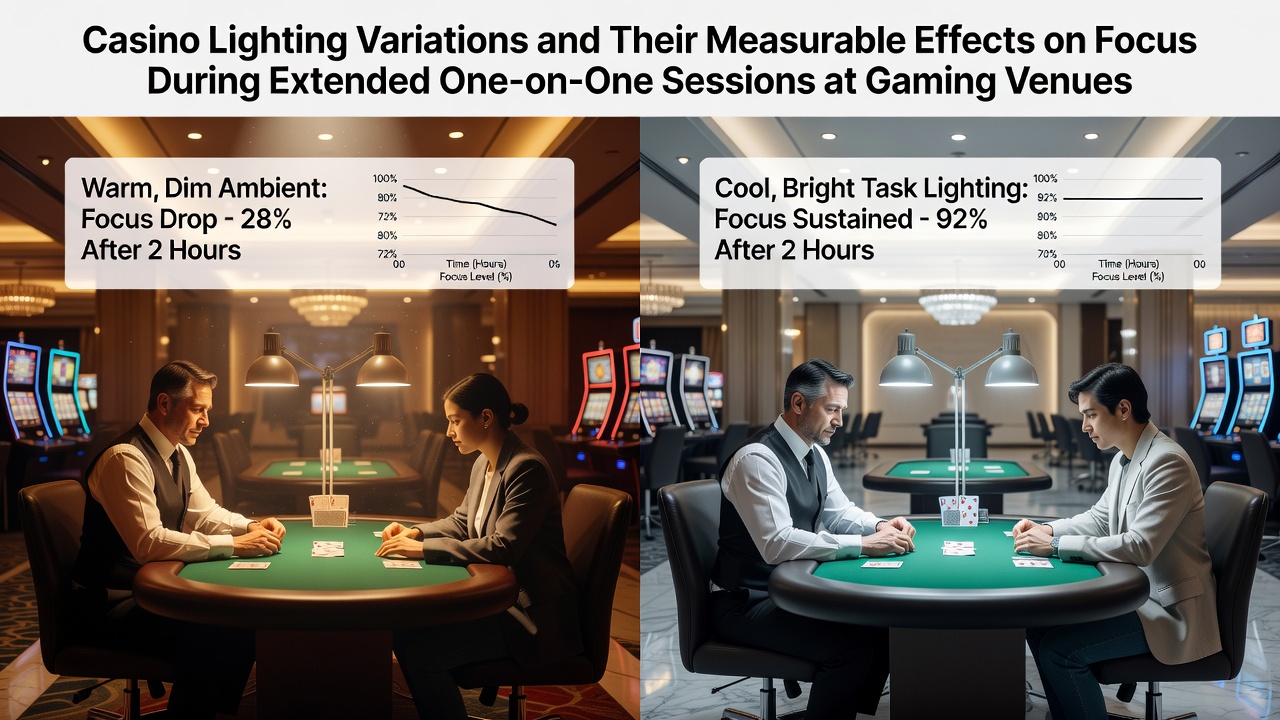 Casino gaming floor illuminated by mixed LED and overhead fixtures during evening hours