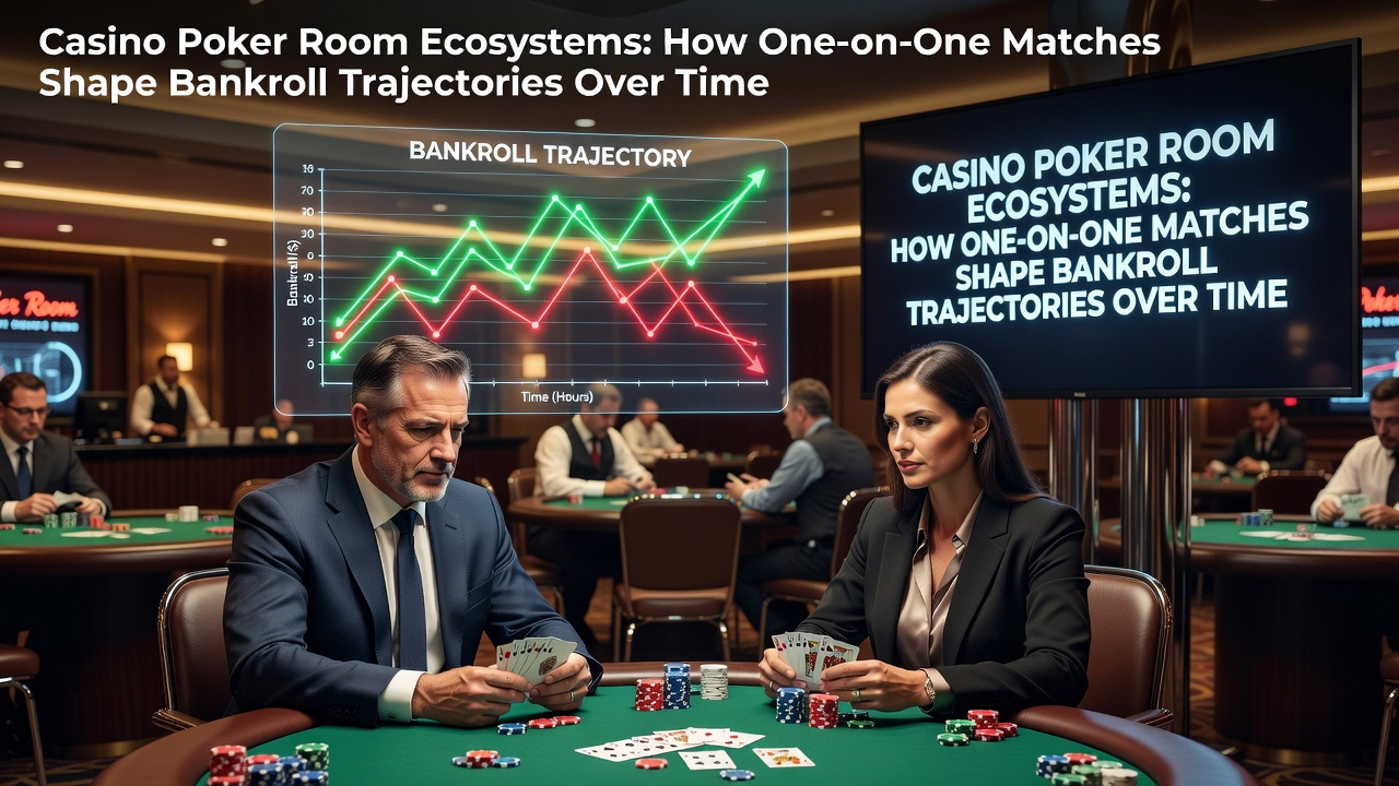 Casino poker room floor with multiple heads-up tables active during evening hours
