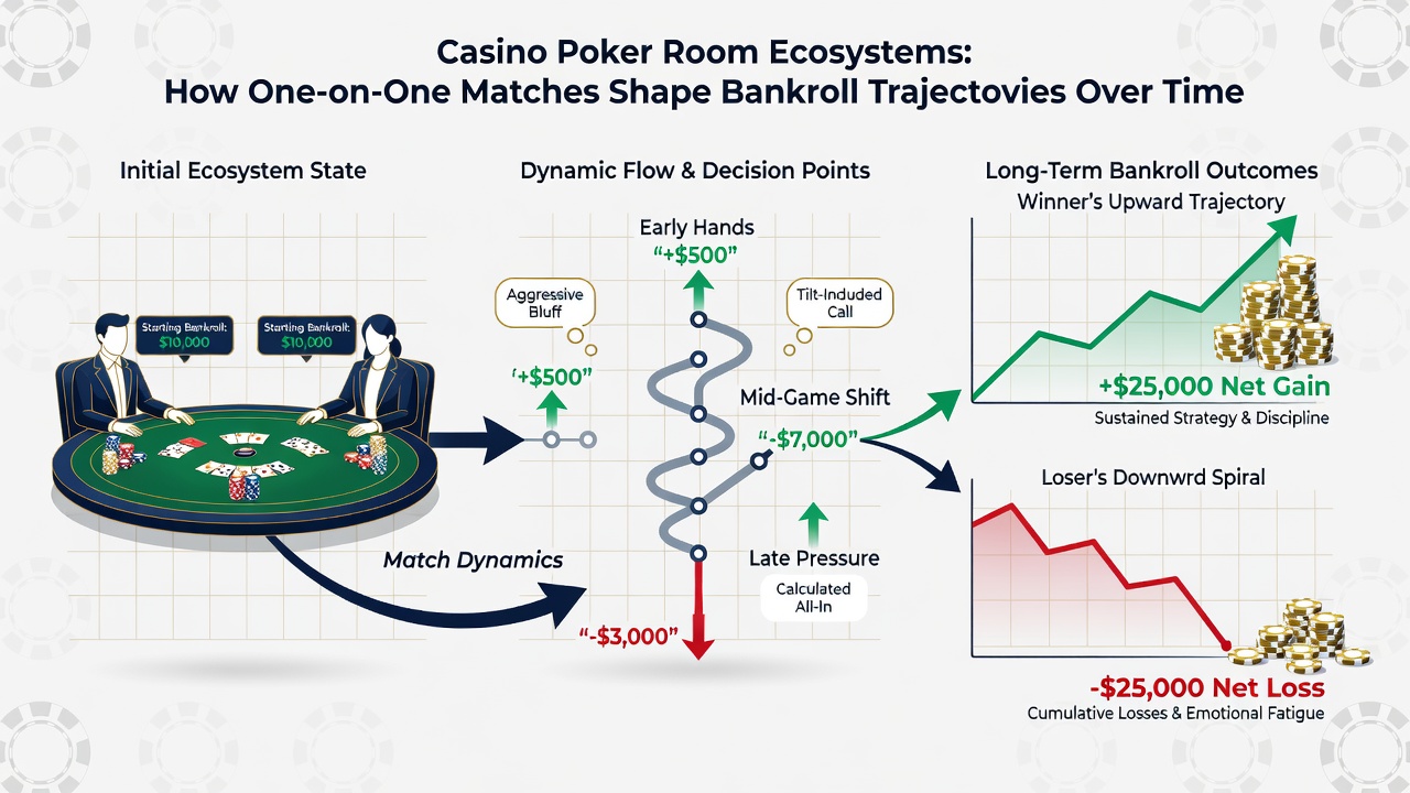 Close-up of poker chips and cards at a heads-up table with digital clock showing session duration