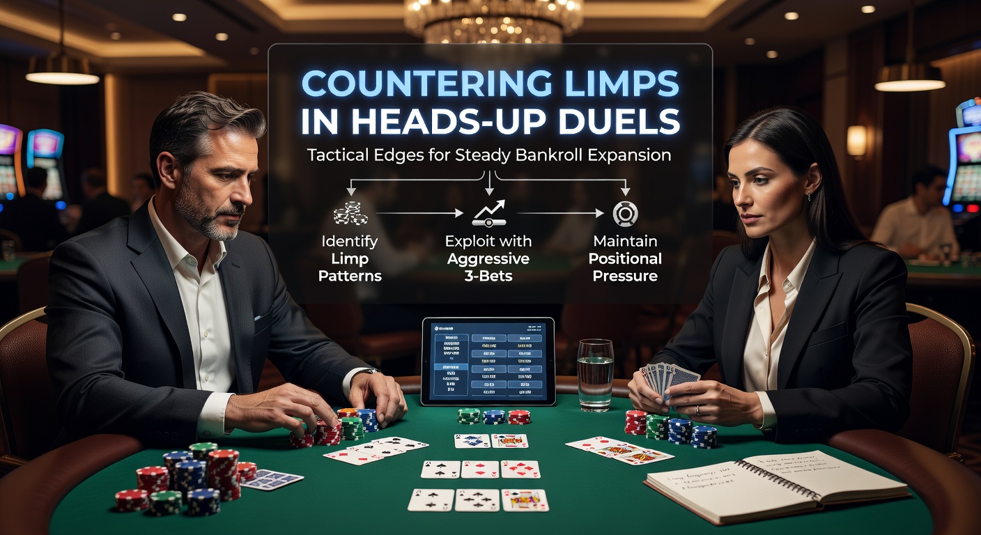 A tense heads-up poker table in a bustling casino, with chips stacked high and players locked in strategy