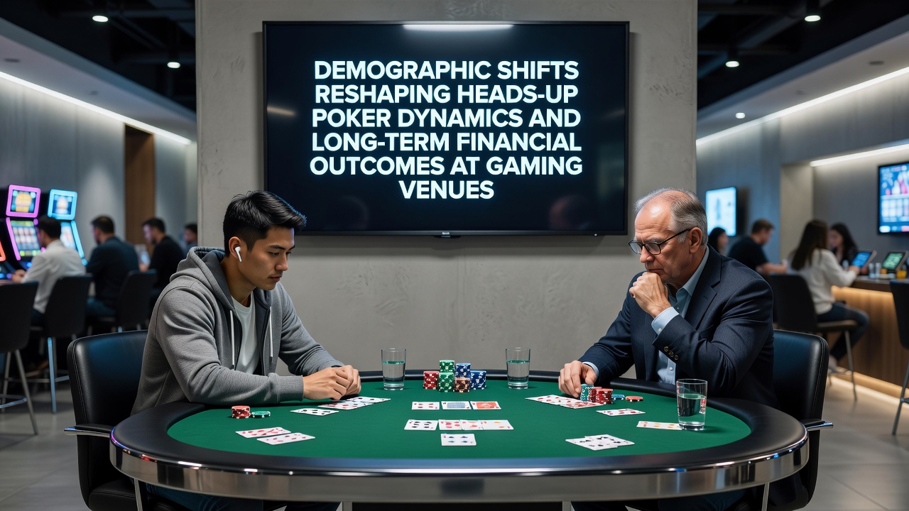 Diverse group of poker players engaged in heads-up matches at a modern casino table with varied age ranges and backgrounds visible