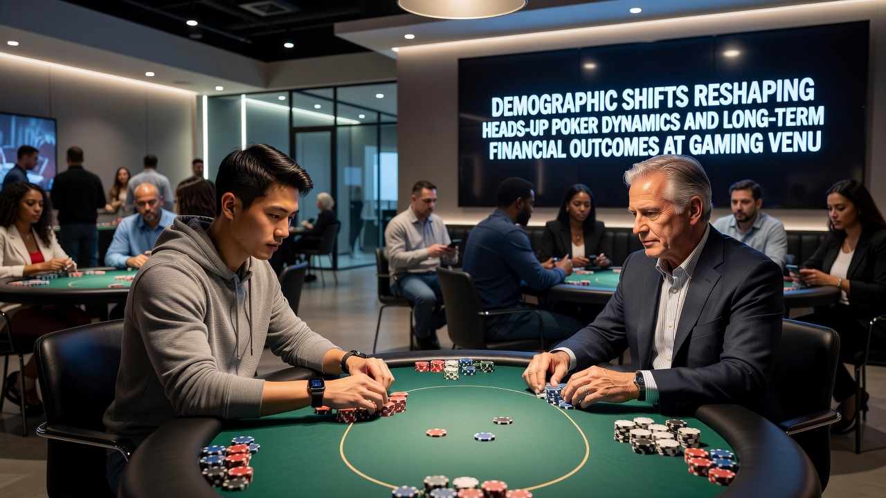 Casino poker floor showing multiple heads-up tables with players of different ethnicities and age groups interacting with dealers