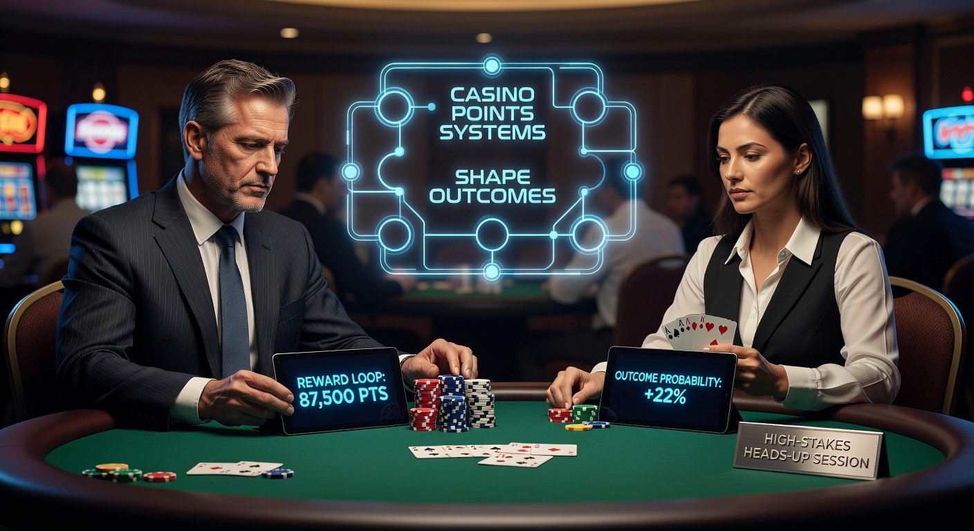 High-stakes heads-up poker table at a casino with loyalty rewards interface visible on a nearby screen