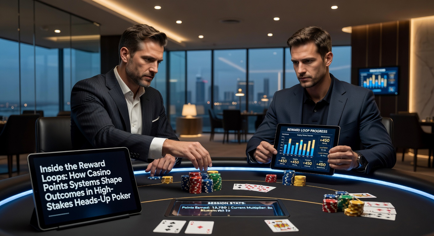 Close-up of poker chips and a digital loyalty points tracker on a casino terminal during a heads-up match