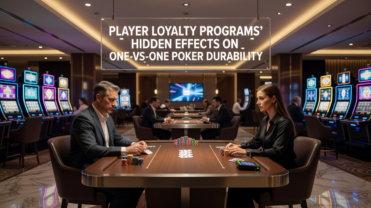 Casino poker table with loyalty program displays and player cards visible during a heads-up match