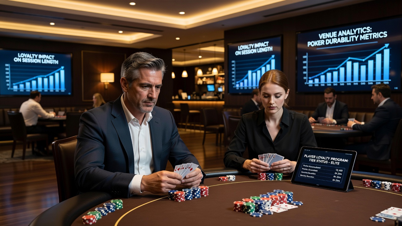 Player reviewing loyalty points on a mobile app while seated at a casino heads-up poker table