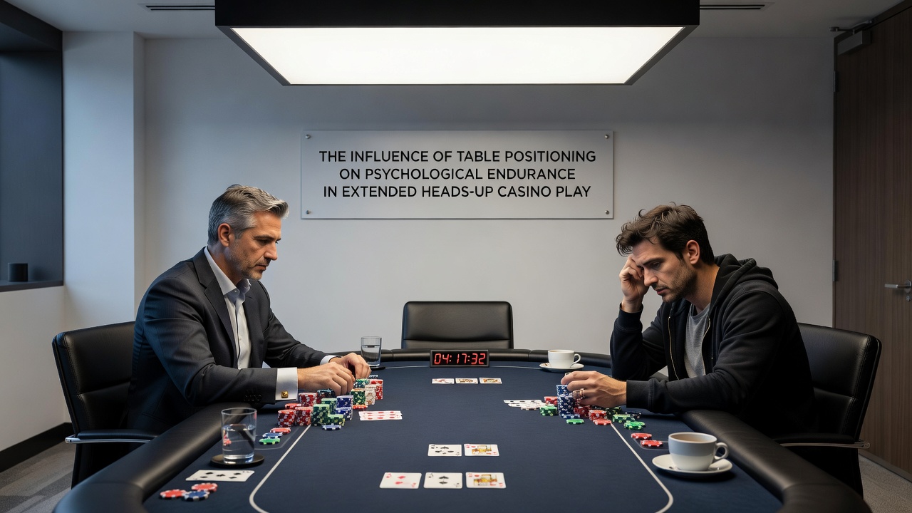 Player adjusting position at a heads-up poker table with visible fatigue indicators during late-night casino play