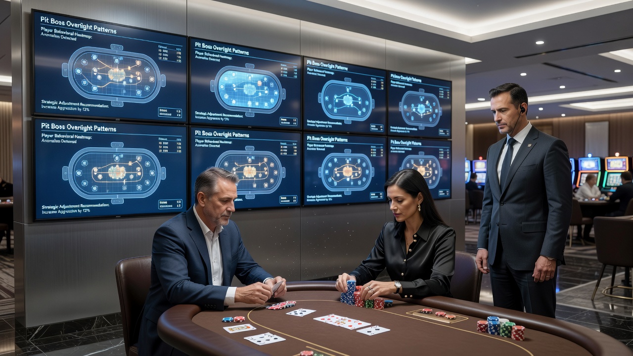 Close-up of poker chips and cards with casino floor activity in the background