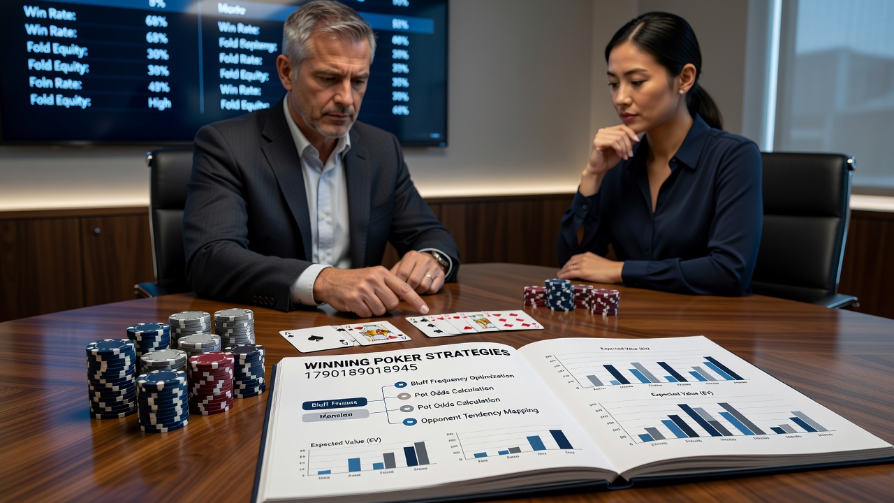 Poker strategy discussion with charts and notes spread across a table